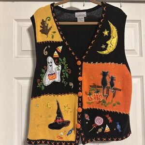 Vintage Basic Editions Halloween Embellished Fall Vest Ghost Witch Size XL Flaw